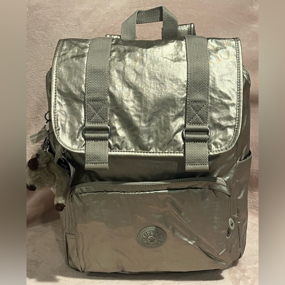 Kipling Metallic Silver Beige Backpack with Front Pocket Large new with tags